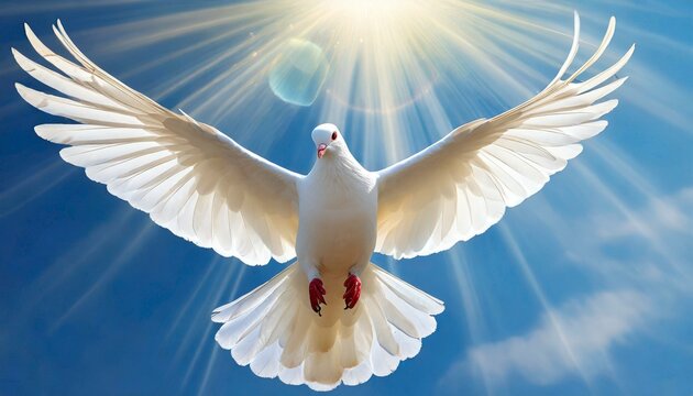 Holy Spirit: White Dove with Open Wings in a Light of Blue Sky