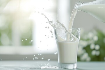 fresh milk elegantly flowing from a vintage glass bottle into a clear glass set against a soft, natural light background, healthy food