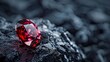 The dark red gemstone jewelry cut with dark stone background. Red Ruby gemstone Round Cut on stone background, close up shot Dazzling diamond red gemstones on black background