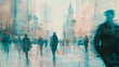 A painting depicting a group of people walking along a bustling city street. The scene captures the diverse individuals moving in different directions, some chatting, others. Banner. Copy space