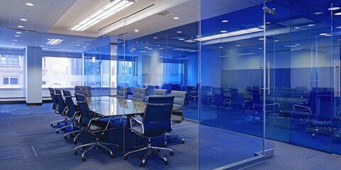 blue inside of a small boardroom, glass, modern