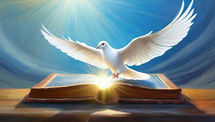 Poster - Holy Spirit: White Dove with Open Wings Above the Bible. 