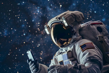 an astronaut holding a mobile phone in space