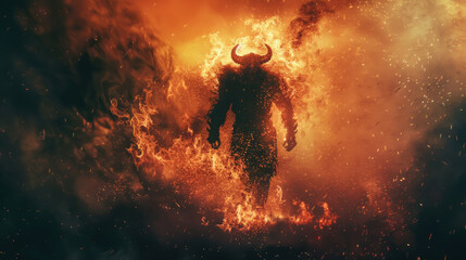 Fiery Demon Rising, A horned figure emerging from flames, symbolizing chaos and destruction, set against a dark, brooding fantasy landscape