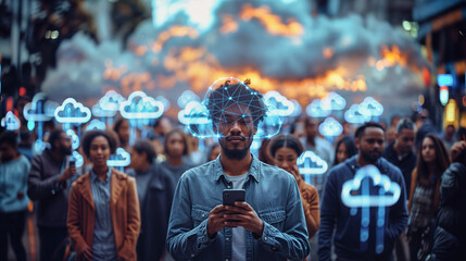 a dark-skinned young man in a crowd with a cell phone, glowing, abstract clouds above their heads symbolize cloud computing and internet connection
