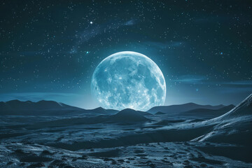 Wall Mural - A large blue moon is in the sky above a vast, empty landscape