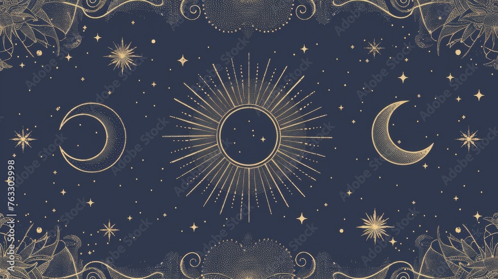 Universal Moon The universe device, moon on a blue background, crescent moon and sun ...