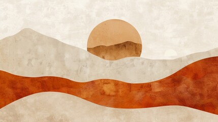 Wall Mural - This is an abstract contemporary aesthetic background featuring landscapes, deserts, mountains, and the moon as well as earth tones, burnt oranges, and terracotta colors. A mid century modern