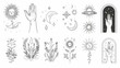 Linear Boho Symbols. Conceptual contemporary art with celestial geometry elements. Frame, arch, hands, florals, sun, stars, and moon.