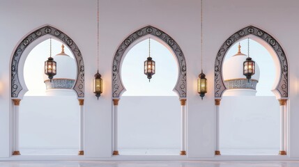 Wall Mural - A collection of Islamic windows and arches in an oriental style with a modern boho design, a moon, a mosque dome, and lanterns