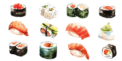 cute watercolor vector of a sushi set