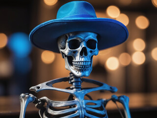 Photograph Of Skeleton With Blue Hat For Cinco De Mayo