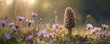 A closeup of an upright morel mushroom standing in a meadow with soft pink flowers. banner size. morning. mushroom hunting