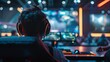 gamer from back with headset and multiple monitors in neon cyberspace, phygital games, cyber sport , esports concept
