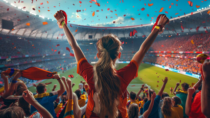 Young girl soccer fans with a beaming smile, wearing national colors with pride, crowded sports stadium event, cheering passionately.