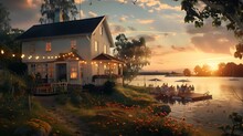A House On The Lake With Party Lights, Boats And People In Front Of It