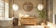 Japandi bathroom interior design with wooden furniture