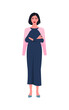 Portrait of an Asian woman stands full-length with arms crossed. Popular office professions and business. Vector flat illustration