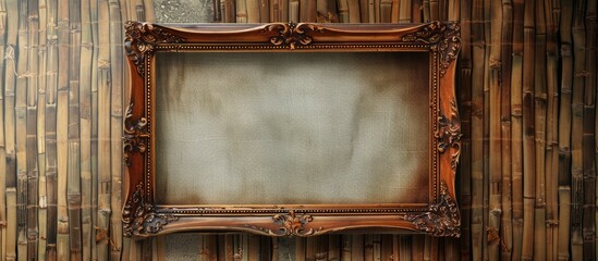 Sticker - A rectangular brown picture frame hangs on the wooden wall, adding an antique touch to the buildings visual arts. The symmetry and blend of wood and metal create a unique art display