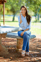 Poster - Woman, smartphone and call with smile, park and nature with summer communication. Student, conversation and discussion with happiness, sunshine and freedom with technology for speaking to people