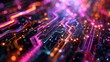 An electrifying close-up of a circuit board with neon pink and blue lights illustrating the vibrant flow of data..