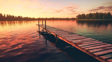 Wall Mural - A serene lakeside scene at dusk as smoke drifts over the calm waters