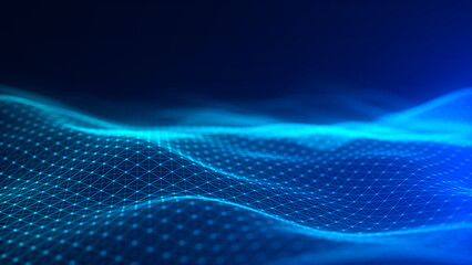 Leinwandbilder - Blue wave of particles and lines. Big data visualization. Abstract background with a dynamic wave. 3d rendering.