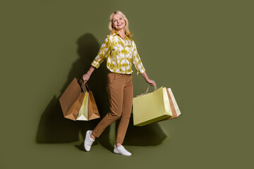 Canvas Print - Photo of adorable positive lady wear stylish outfit carry purchase walking store market hypermarket isolated on khaki color background