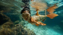 Surreal Asian Woman Fish Head Snorkeling Underwater In Tropical Sea.
