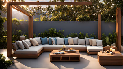 The rest area in the villa courtyard, with sofas surrounding the tea table