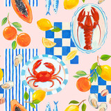 Fototapeta Do przedpokoju - Beautiful seamless Summer Vacation Seamless pattern. Greek pattern with sardines, lemon, oysters, mussels, papaya, lobster and crab. Mediterranean bright print. Greek style.