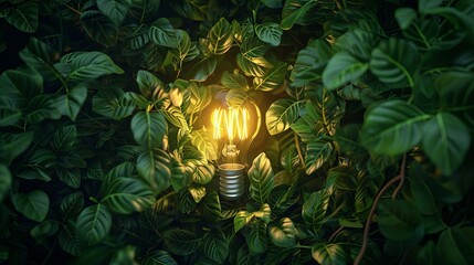 tungsten light bulb lit on black background. Eco friendly lightbulb from fresh leaves top vie, concept of Renewable Energy and Sustainable Living, created with Generative AI technology 