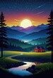 Night farm landscape vector illustration and night sky 