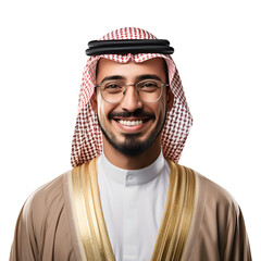 teacher with glasses, dressed in traditional arabic garb, featured in a half body portrait, isolated