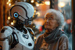 An android robot advises an elderly woman.