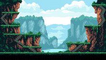 pixel art game level background, 8 bit, landscape, arcade video game, mountains trees and platforms