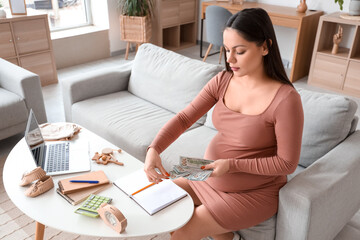 Sticker - Young pregnant woman counting money at home. Maternity Benefit concept