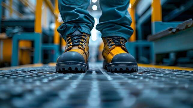 Closeup of workers feet in safety shoes at a factory ready to work in a hazardous industrial environment. Concept Industrial Safety, Worker Gear, Factory Environment, Safety Footwear