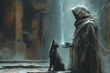 Man in cloak holds cat under his cloak in front of waterfall
