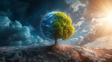 Sticker - Lush and dry planet with tree. Concept of change climate