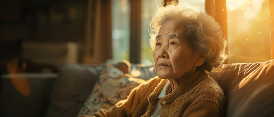 Wall Mural - Thinking, depressed and senior Asian woman in retirement home, reflection and remembering past life. Elderly, pensioner and contemplating future or memory, nostalgia with warm sunset background