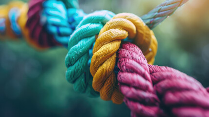 Unity and Strength in Diversity: A Teamwork and Partnership Concept with a Braided Rope Symbolizing Strong Connections, Support, and Empowerment Against a Colorful Background