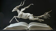 © Visionary Vistas - a book page sculpture of a leaping gazelle, meticulously crafted to capture motion, set against a dark background.