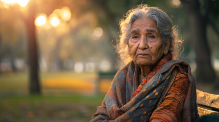 Wall Mural - Portrait, elderly Mexican and woman sitting in park. Senior, female and mental health concept. Sadness, longing and thoughtful for mental health and reminiscing with beautiful blurry background.