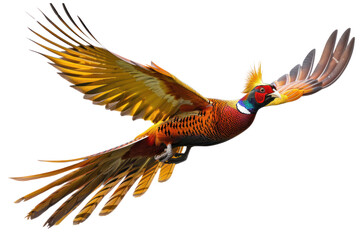 golden pheasant flying on isolated transparent background