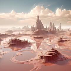 Poster - A surreal desert landscape with floating islands. 