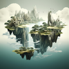 Poster - A surreal landscape with floating islands. 