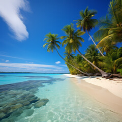 Wall Mural - A tropical beach with palm trees and clear blue water