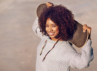 Poster - Portrait, smile and woman with skateboard in city in summer for sport, fashion or mockup space outdoor. Happy person, skate park and face of young girl in casual clothes on street in South Africa