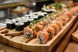 A bamboo sushi roll stand featuring a selection of freshly prepared sushi rolls.